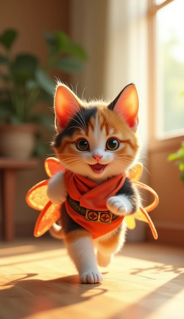 3D cute calico kitten character、Wearing a happy cicada costume、running、Inside the house､masterpiece, Background Blur, Shut your mouth., Belt decorated with cicadas、Highest quality, 