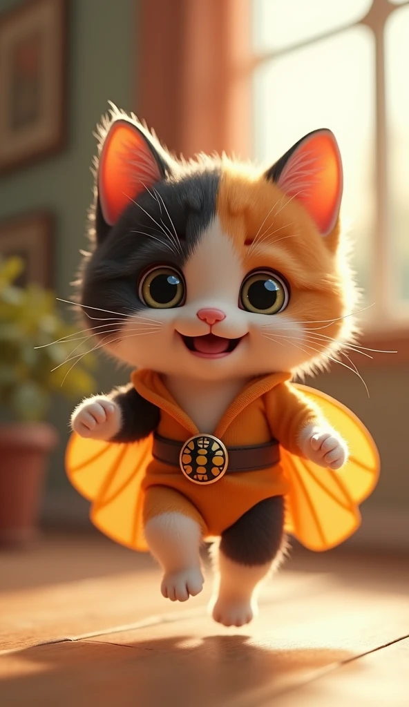 3D cute calico kitten character、Wearing a happy cicada costume、running、Inside the house、masterpiece, Background Blur, Shut your mouth., Belt decorated with cicadas、Highest quality,