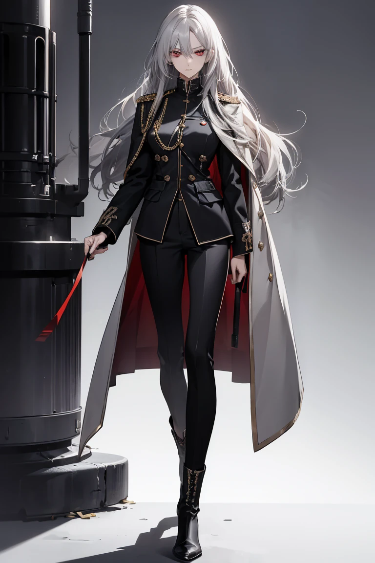 (Confused, High resolution, Very detailed), 1 female, Silver Hair,Long Hair,Bright red eyes,White and black military uniform,27th generation,beauty,mature,thin,quiet,Calm,Stern face,Long coat,Slender and thin,boots,skinny pants,observatory,Small breasts,