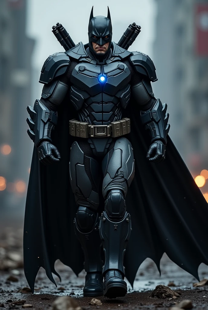 Suppose that Iron Man design a Batman suits color is black and heavy suit and machine gun and missile like war machin armor chest ark reactor glow blue light and shoulder machine gun and where ironman helmet