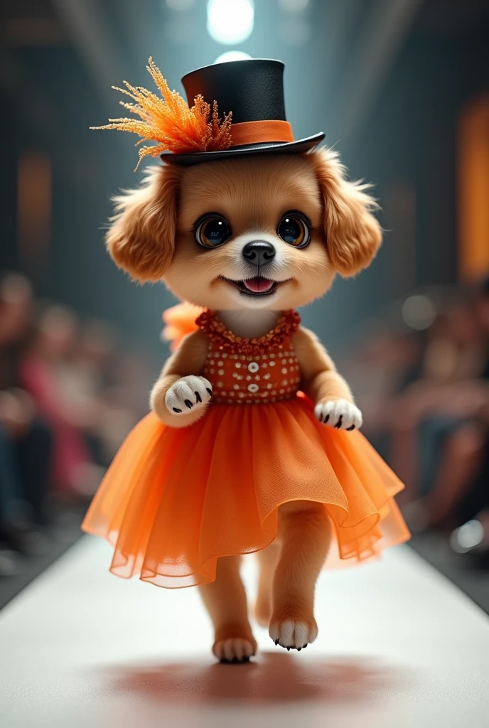 Create a scene where an adorable purebred dog is dressed in a fashionable outfit wearing a party dress in the latest color, a top hat on her head and a matching hat on her head as she walks confidently down the runway, smiling, showing off her ultra-realistic fashion sense. camera in motion