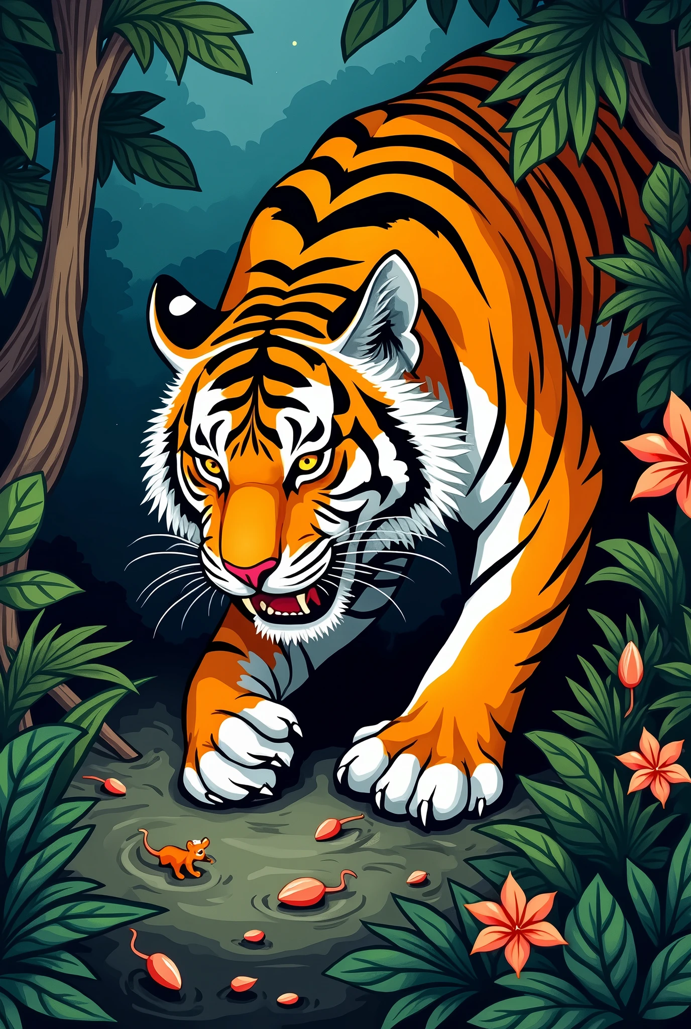coloring image the tiger was eating the mouse in the jungle ,thick line no shadow