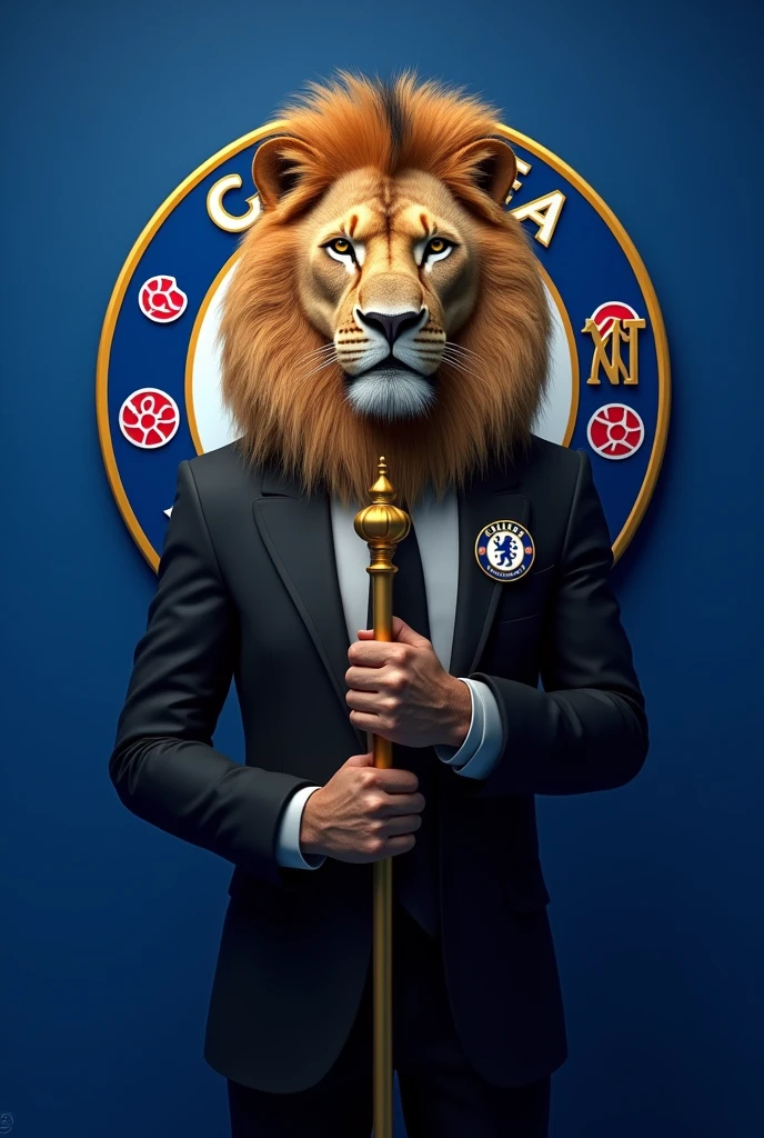 Create an image of a lion in a black suit with the Chelsea football club symbol on the chest in small size . The lion is holding a golden staff. Blue background with golden colored symbol with the name FJ and BLITZ. 4k ultra realistic