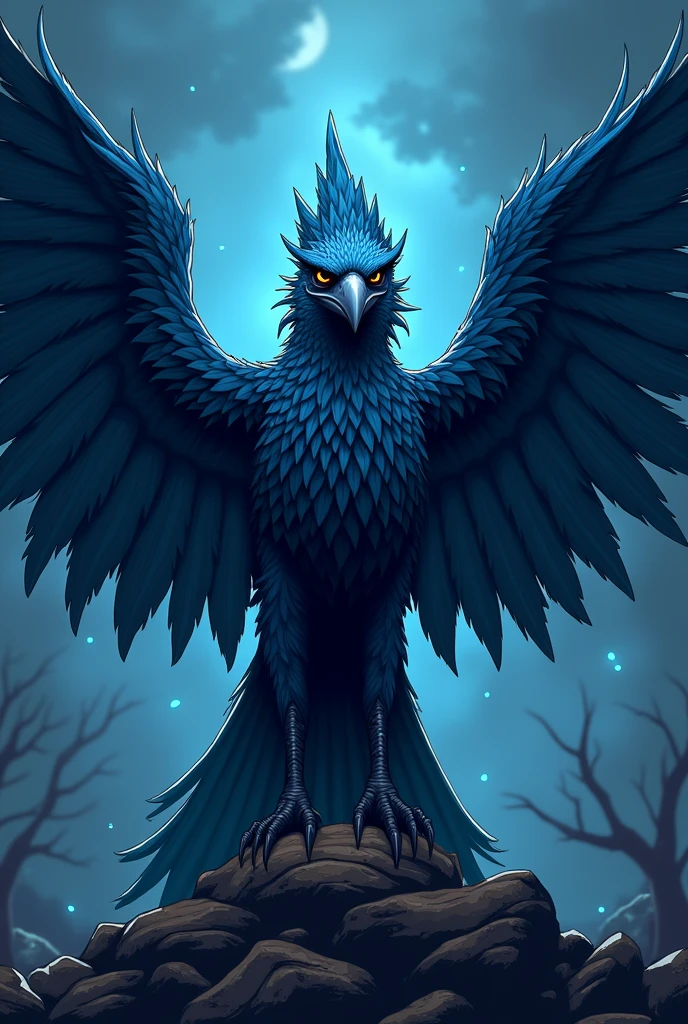 a creepy blue bird with its wings spread out and its whole body facing forward and not too many wings, vector art with thick black line art on every part of the body , terinspirasi oleh Victor Noble Rainbird, artstation, clash of clans style, trending on dribbble mascot.featuring, crow, fierce expression 4k, in the quetzecoatl art style, a face in need of a fist, uncompressed png, totem, united, symbol of wisdom, full body