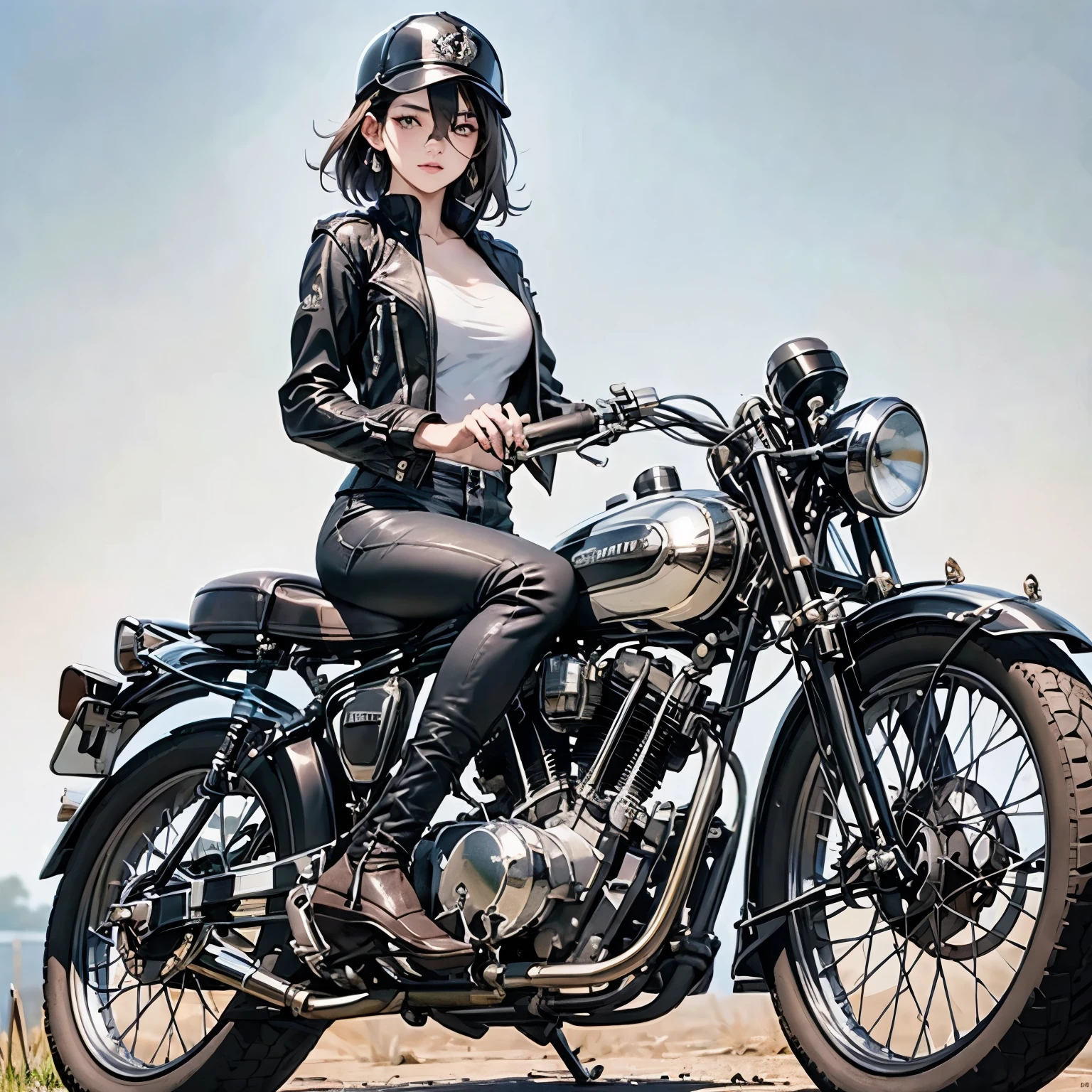 Bluff Superior SS100、(クラシックRiding on motorcycle )、(Vintage Bikes、Bluff Superior SS100)、Isle of Man Races、 (Riding on motorcycle:1.2), Beautiful young woman、1、Beautiful Face, Beautiful and delicate eyes, Black Hair, Short Bob Hair,  Classic Leather Jacket、Cromwell helmet with goggles、After the Rain、English countryside、 Detailed Description、(Highest quality, masterpiece, High resolution)、8k、wallpaper
