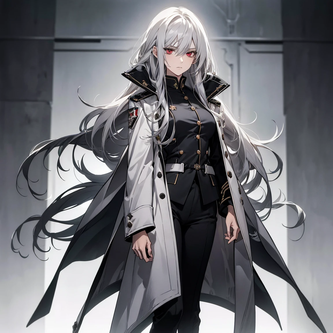 (best quality:1.3), (masterpiece:1.3), (illustration:1.3), (ultra-detailed:1.3), 1girl, ((white hair)), large breasts, ((rough hair, long hair)), Sovetsky_Soyuz, blue eyes, earrings, choker, webbed belt, tactical, pouches, chains, weapon Holster, Long eyelashes, eye shadow, long white hair, ominous vibe, elegant, expressionless, stoic, shadowy, Ultra quality, UHD, high detail, anime aesthetic, Ultra quality, high detail, white overcoat, winter coat, ((military uniform)), black suit, black pants, 