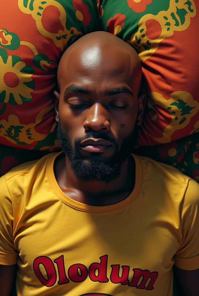 Young man of brown skin and bald without a beard crying with an Olodum t-shirt lying on the olodum bed