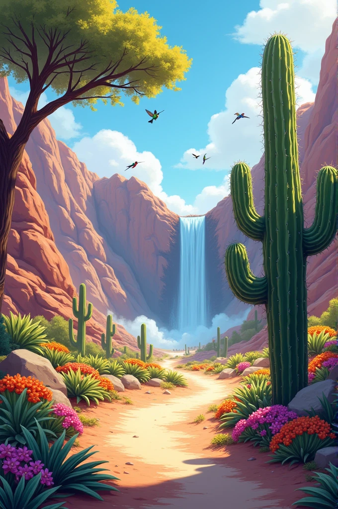 left below has a cactus with flowers and starts a royal road from left quadrant below to right quadrant above, where the road ends at a waterfall. In the upper left quadrant there is a tree with hummingbirds flying and perched. In the lower right quadrant is the logo of a walking company called Mot Mot