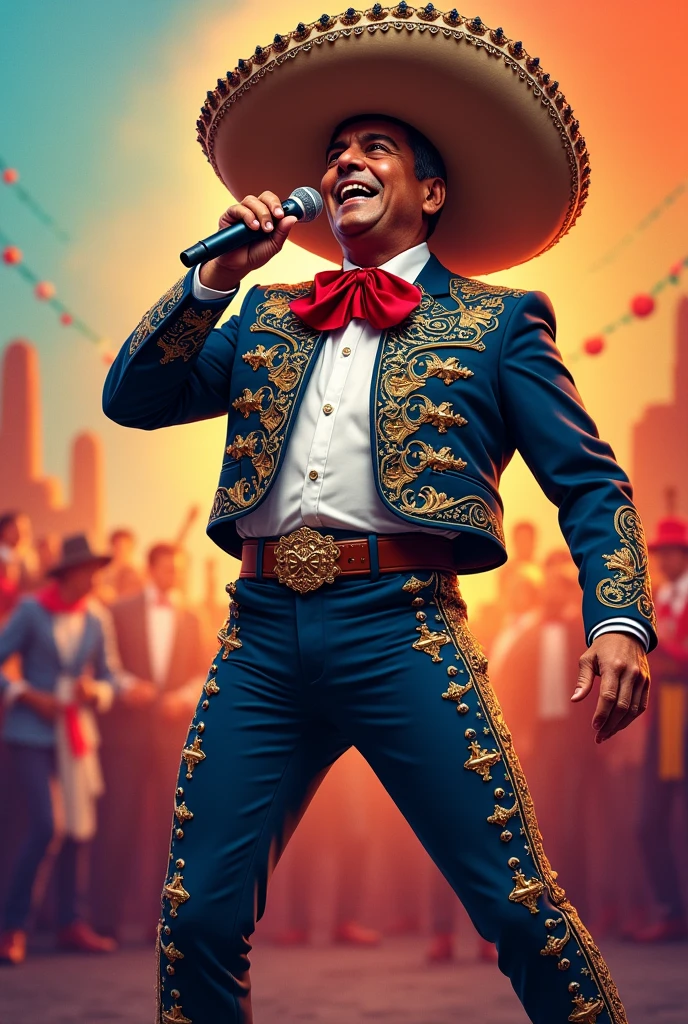 Mexican charro mariachi solo singer full body age 50 years old without beard without guitar illustration