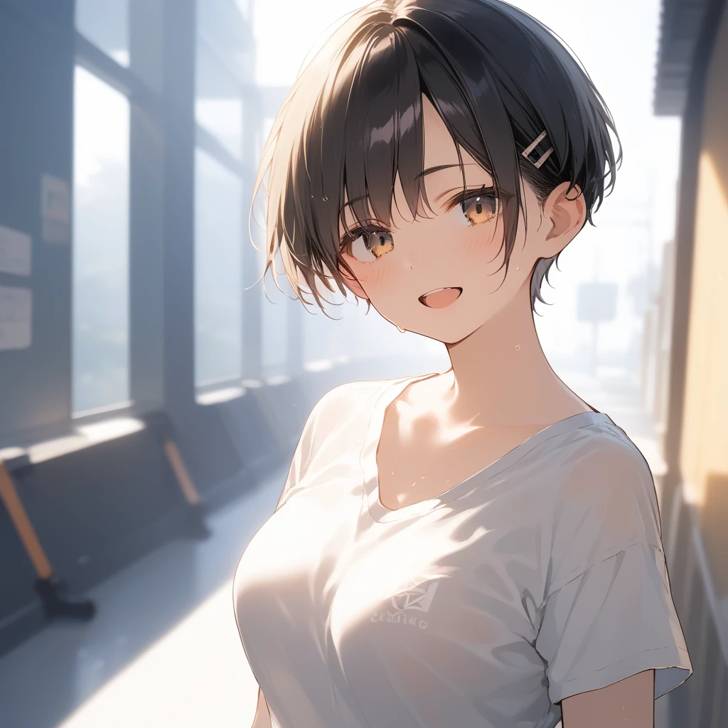 score_9, score_8_up, score_7_up, source_anime, best quality, masterpiece, official art, absurdres, highres, ultra-detailed,waifu2x,Collection: Slice of Life,break,1girl, short hair, pixie cut, flipped hair, breasts, beautiful (well-shaped) breasts,beautiful detailed eyes, sweat, gym shorts, (wavy mouth:0.3), open mouth, outdoors, (Detailed Lighting), (Detailed background),break,(clear line illustration:1.2), super detailed skin,very high resolution, very aesthetic, Best sexual lighting powered by famous artist, 8k, 16k, cute picture,beauty illustration,photoshop_(medium),,(Detailed Lighting),best anime 8k konachan wallpaper, pixiv contest winner,