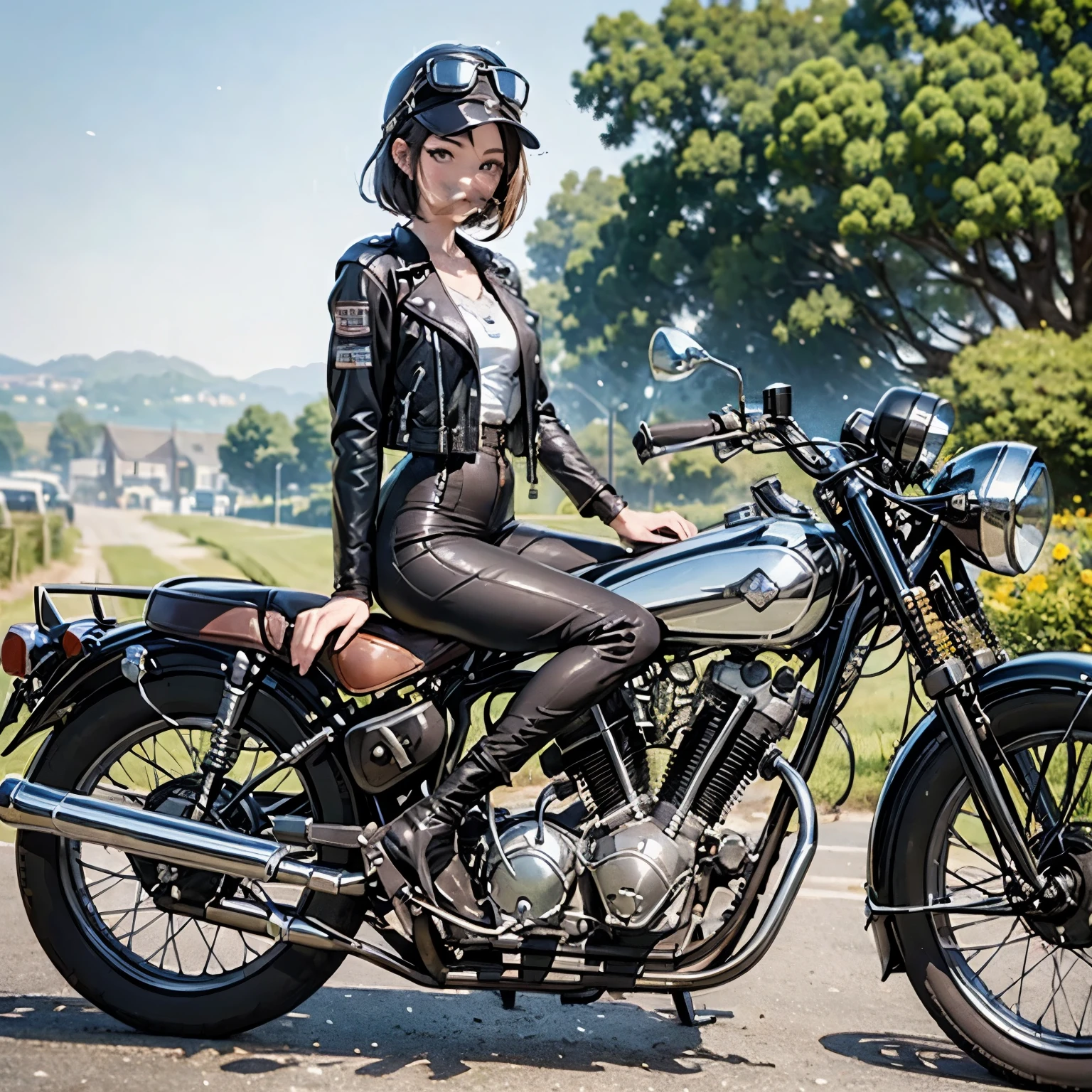 Bluff Superior SS100、(クラシックRiding on motorcycle )、(Vintage Bikes、Bluff Superior SS100)、Isle of Man Races、 (Riding on motorcycle:1.2), Beautiful young woman、1、Beautiful Face, Beautiful and delicate eyes, Black Hair, Short Bob Hair,  Classic Leather Jacket、Cromwell helmet with goggles、After the Rain、English countryside、 Detailed Description、(Highest quality, masterpiece, High resolution)、8k、wallpaper
