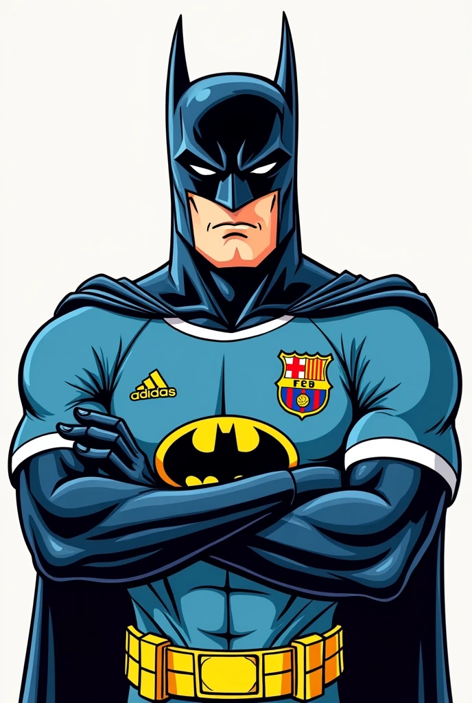 Comic style cartoon drawing of Batman wearing a soccer shirt with a front pose and arms crossed, half body only , but with a team crest and Adidas instead of Nike