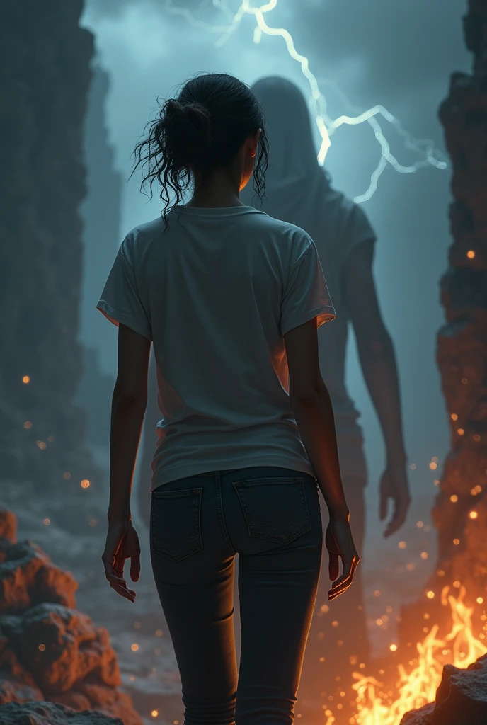 I want a mysterious picture. My book is on an ancient greek civilisation. Dark theme. Zeus should be standing behind the girl. She has dark hair and a tomboy. I want a dark zeus standing behind her. Also only her back is visible. She ll be surrounded by thunder and lightning and also fire. No frocks or dresses. A jeans and shirt. Also dark zeus. Only surrounded by fire and lightning. And no anime. Realistic picture. A dark one. Zeus should not be visible a lot. Like people shouldnt know its zeus. So just a darkenned zeus. I dont want people to know its him. Um why dont we put a cloak on top of him. Make him more darker.
