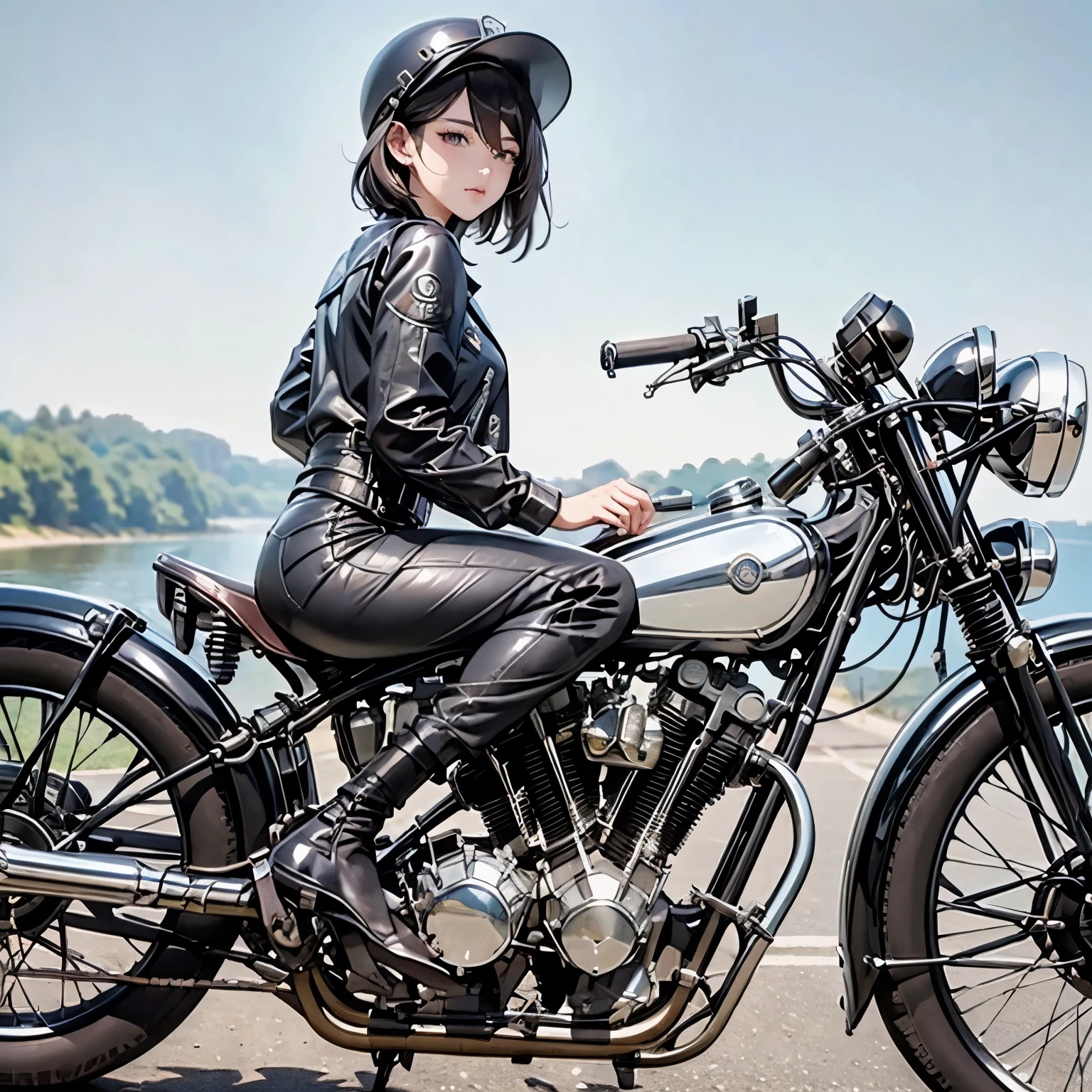 Bluff Superior SS100、(クラシックRiding on motorcycle )、(Vintage Bikes、Bluff Superior SS100)、Isle of Man Races、 (Riding on motorcycle:1.2), Beautiful young woman、1、Beautiful Face, Beautiful and delicate eyes, Black Hair, Short Bob Hair,  Classic Leather Jacket、Cromwell helmet with goggles、After the Rain、English countryside、 Detailed Description、(Highest quality, masterpiece, High resolution)、8k、wallpaper
