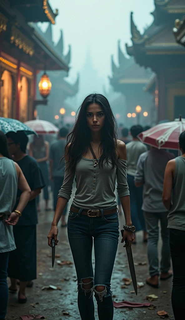 Change background to be a Thai temple with torned Thai flag and the woman is holding knife