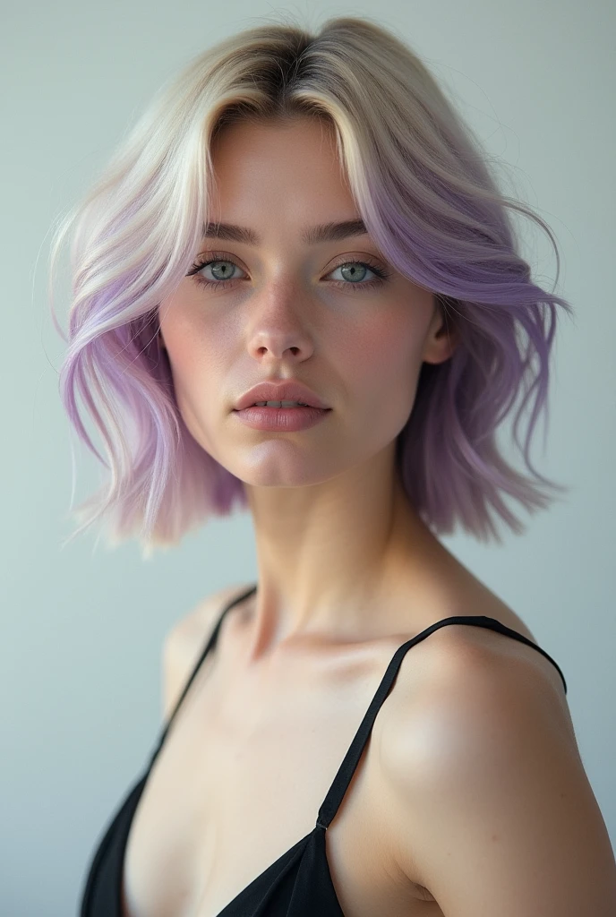 Model with short blonde hair with purple undertones