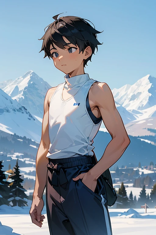 Snowy mountain, tight, white tank top, Y-back, elementary school student, boy, belly flash