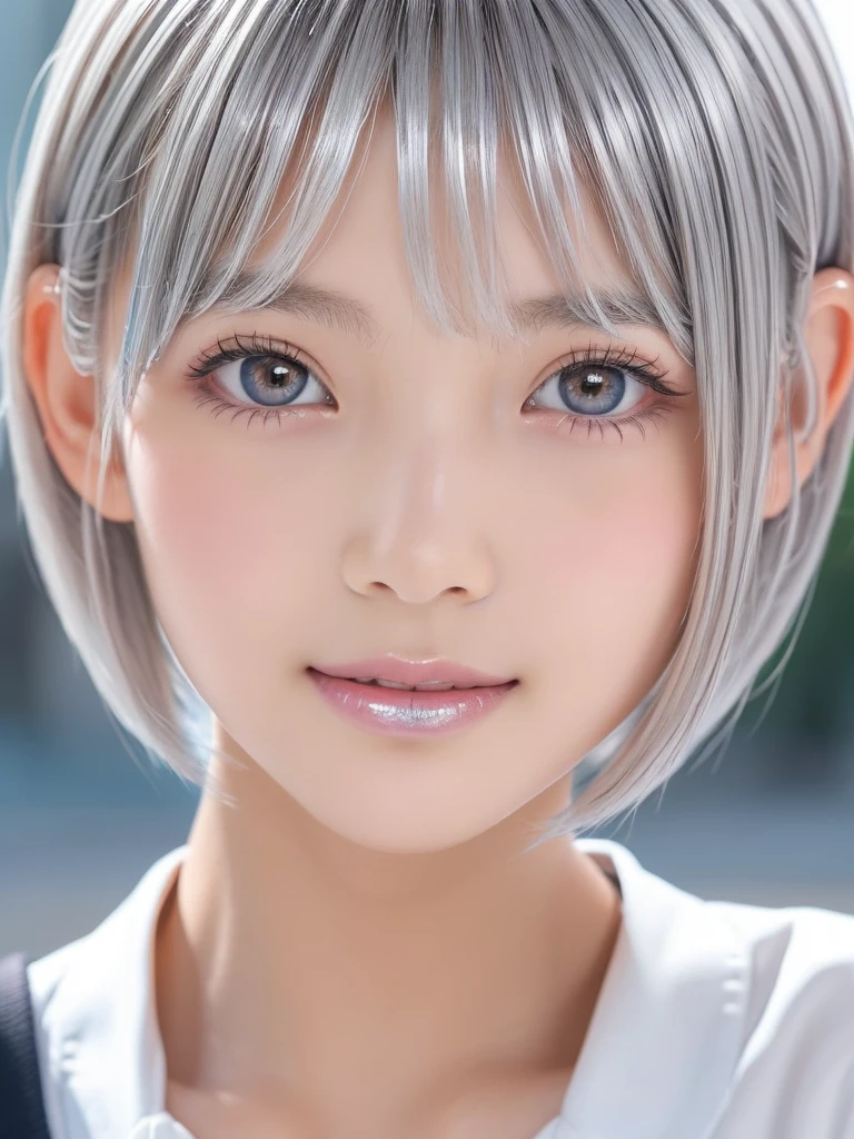 A portrait of a young girl in school uniform, with a bright expression, glowing white skin, glossy face, shimmering cheek gloss,small face, best looks, bright silver hair with shimmering highlights, very beautiful glossy hair, (ultra short silver hair:1.5), beautiful shiny bangs drawing the eyes, shimmering clear alluring bright large pale blue eyes, very large eyes, downturned eyes, left and right eyes are equal,eyeliner, thin eyebrows, a very beautiful, lovely, and cute girl, perfect bust,masterpiece,photorealistic, 8k, high quality, masterpiece, realistic portrait