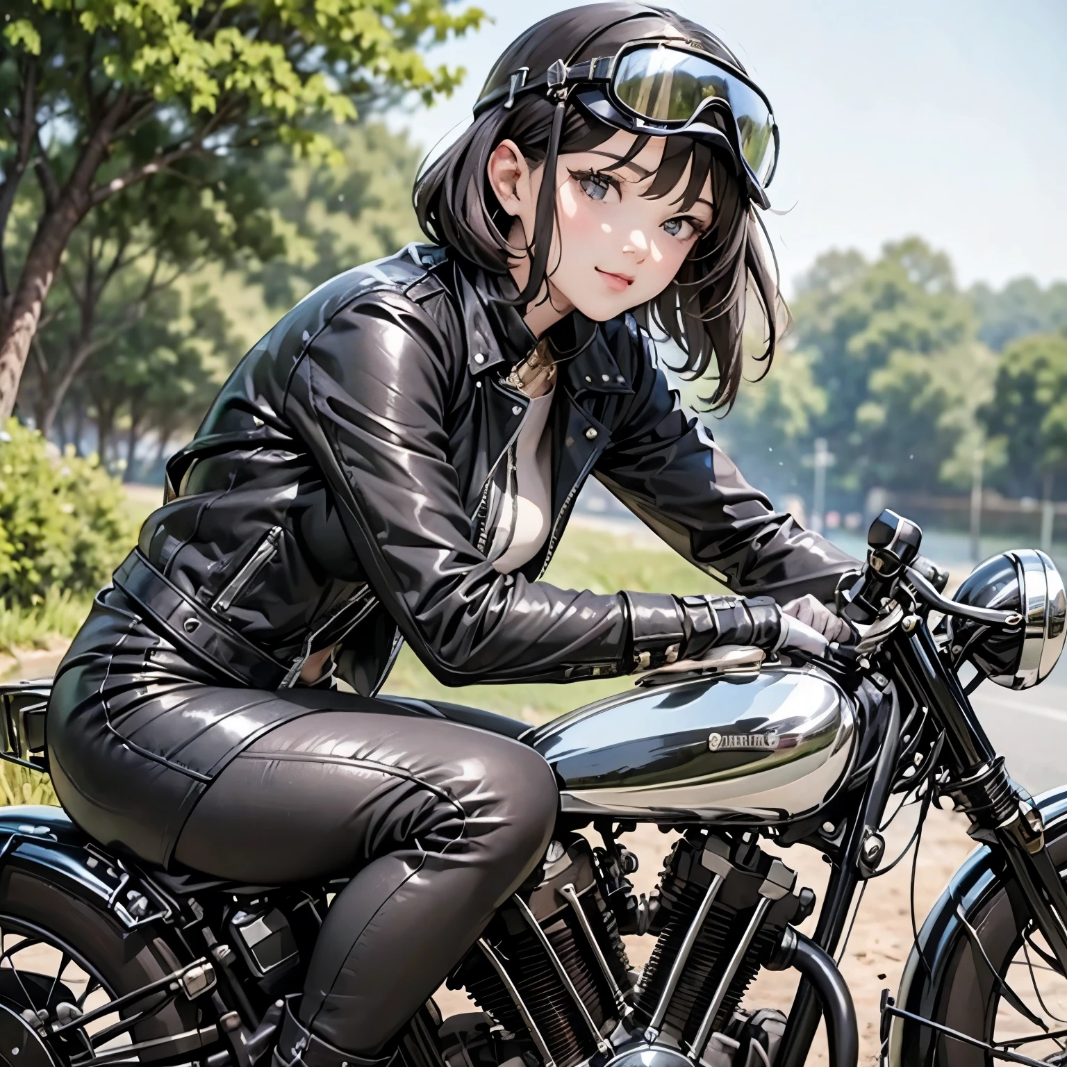 Bluff Superior SS100、(クラシックRiding on motorcycle )、(Vintage Bikes、Bluff Superior SS100)、Isle of Man Races、 (Riding on motorcycle:1.2), Beautiful young woman、1、Beautiful Face, Beautiful and delicate eyes, Black Hair, Short Bob Hair,  Classic Leather Jacket、Cromwell helmet with goggles、After the Rain、English countryside、 Detailed Description、(Highest quality, masterpiece, High resolution)、8k、wallpaper
