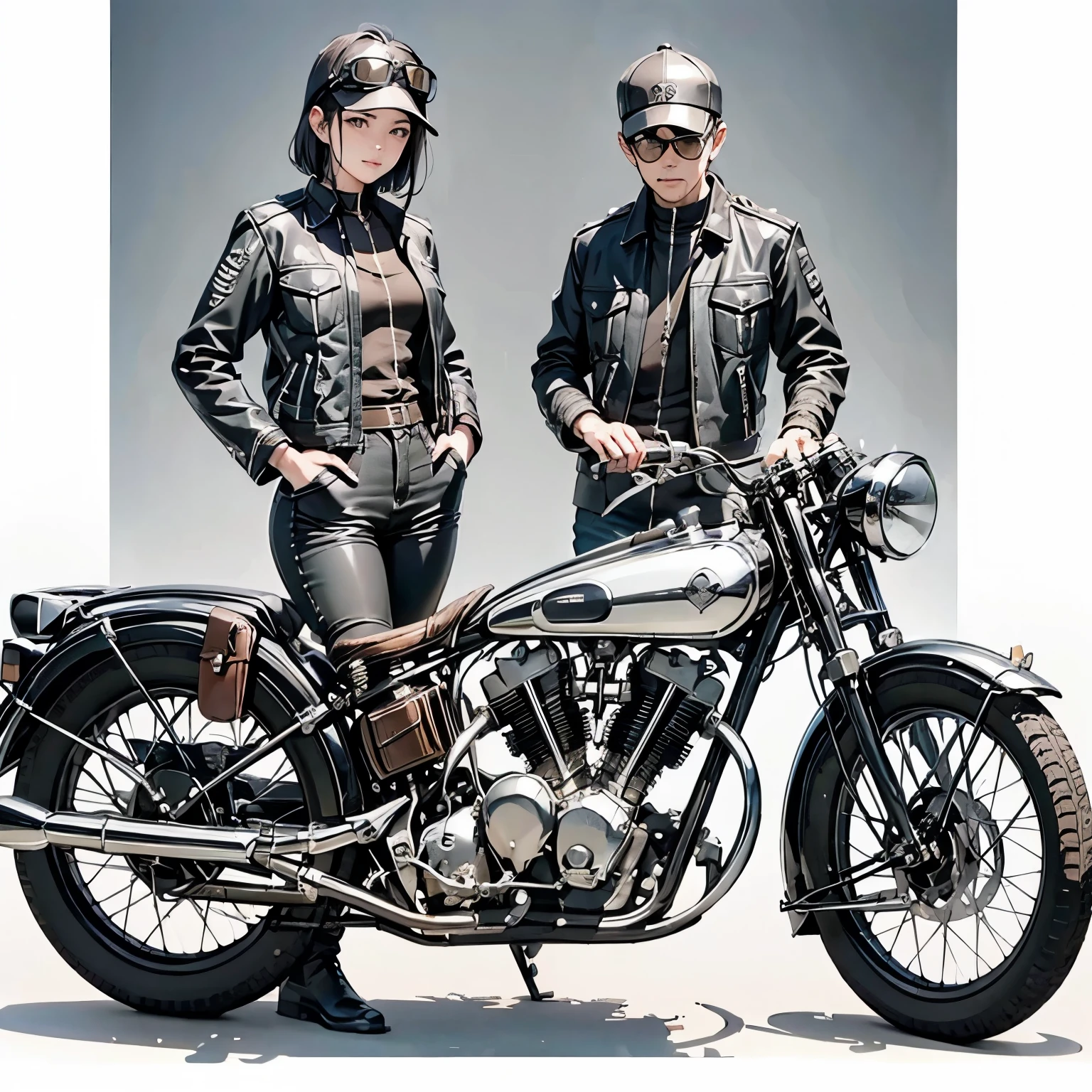 Bluff Superior SS100、(クラシックRiding on motorcycle )、(Vintage Bikes、Bluff Superior SS100)、Isle of Man Races、 (Riding on motorcycle:1.2), Beautiful young woman、1、Beautiful Face, Beautiful and delicate eyes, Black Hair, Short Bob Hair,  Classic Leather Jacket、Cromwell helmet with goggles、After the Rain、English countryside、 Detailed Description、(Highest quality, masterpiece, High resolution)、8k、wallpaper
