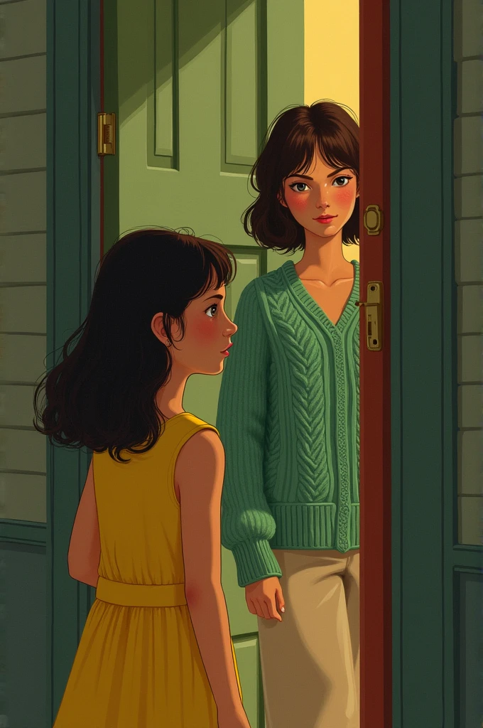 A girl wearing yellow sleeveless frock sees a lady inside a house with chink opened door that lady wearing green knitted cardigan