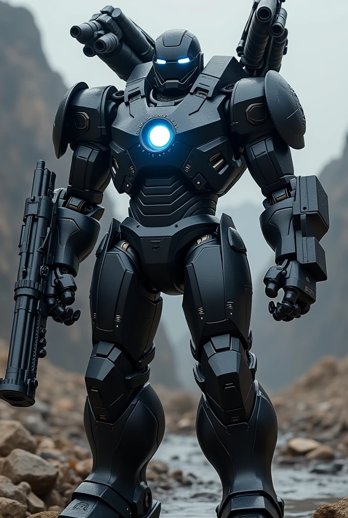 Suppose that Iron Man design a ironman suits color is black and heavy suit and machine gun and missile like war machin armor chest ark reactor glow blue light and shoulder machine gun and where ironman helmet