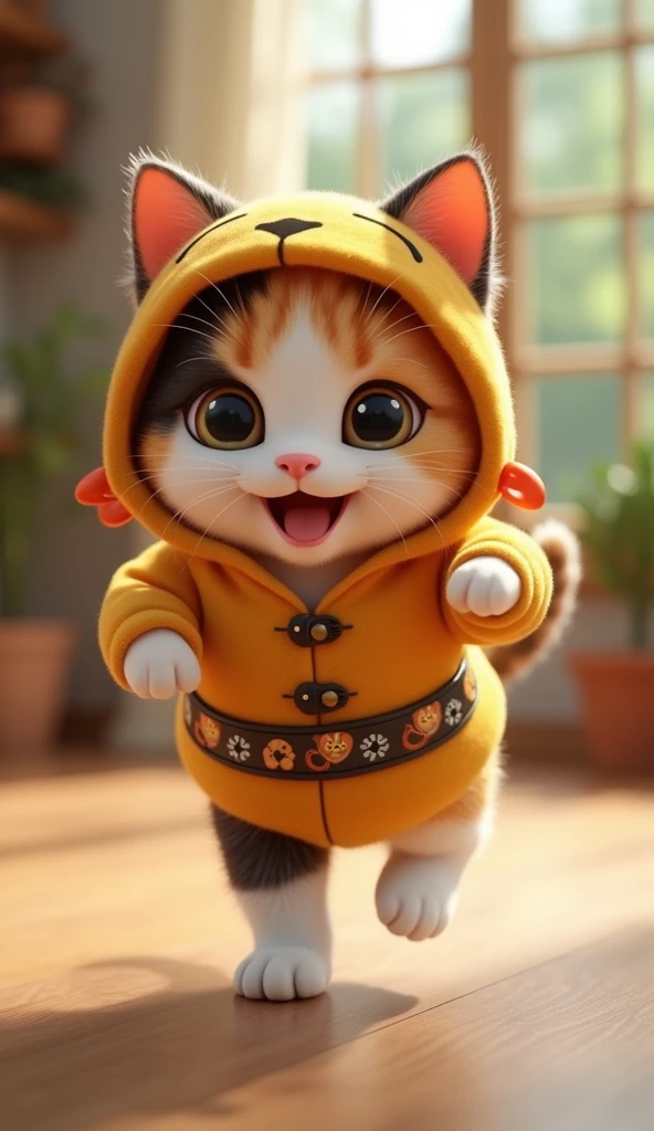 3D cute calico kitten character、Wearing a happy cicada costume、running、Inside the house､masterpiece, Background Blur, Shut your mouth., Belt decorated with cicadas、Highest quality, 