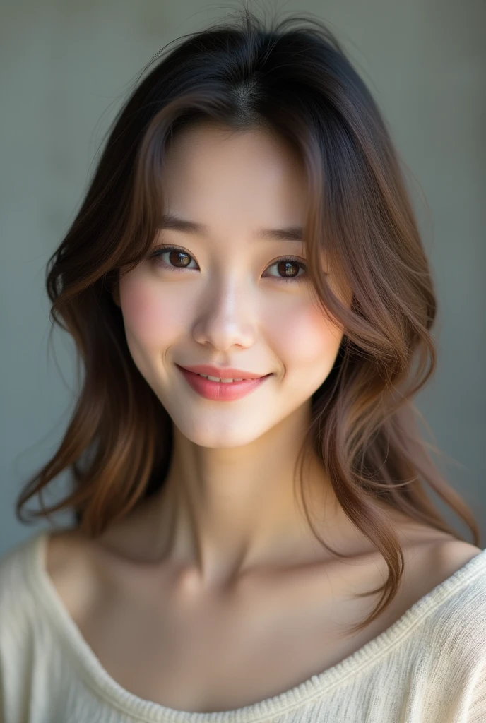 Asian Beauty、beauty、Soft hair、Black Sleeveless、Landscape、I can see your forehead、Background is simple concrete、Olive brown hair、smile、looking at the camera、Lighten the ends of your hair、Semi-long hair、Outline of an inverted triangle、Big Eyes、Thready hair、Rounded silhouette、human、Realistic、ベースmodel、photo shoot、Chin narrowing、cute、Pure feeling、プロのphoto shoot、Head to chest photo、cute、Beauty、elegant、Shiny Hair、Wax for straightening hair、model、Clear skin、Eyes that tend to be dark
