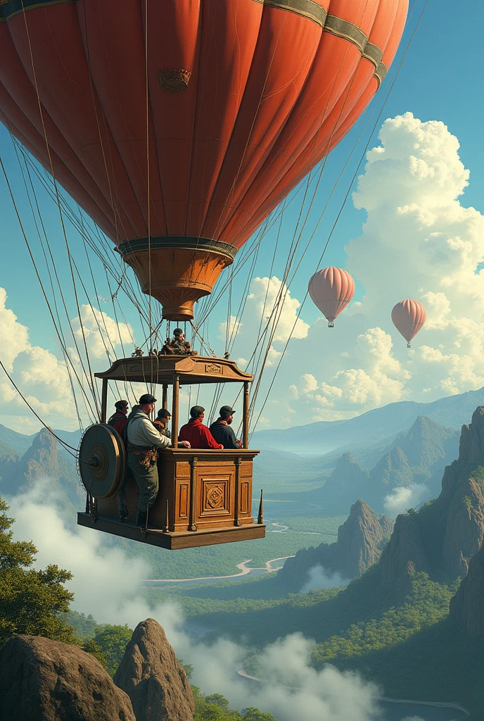 Generate an image referring to the book Five Weeks in a Balloon, with 3 people and it is an old cover