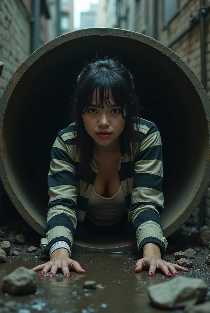 An 18yo girl wearing a prison uniform crawling out of a sewer pipe. Cleavage showing through unbuttoned shirt