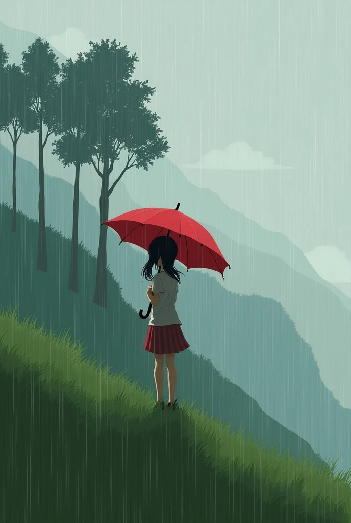 there's a girl in a hill holding a red umbrella under the tree while it's drizzling