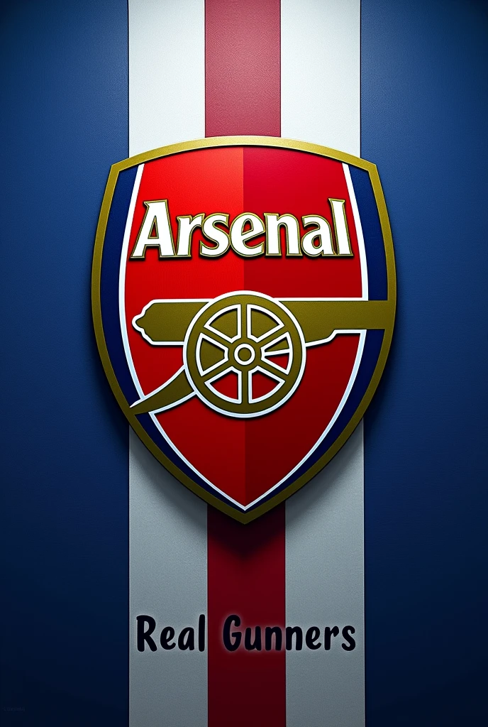 Create an image that combines the Arsenal Football Club crest and the blue flag of Costa Rica., white and red vertically that says at the bottom REAL GUNNERS