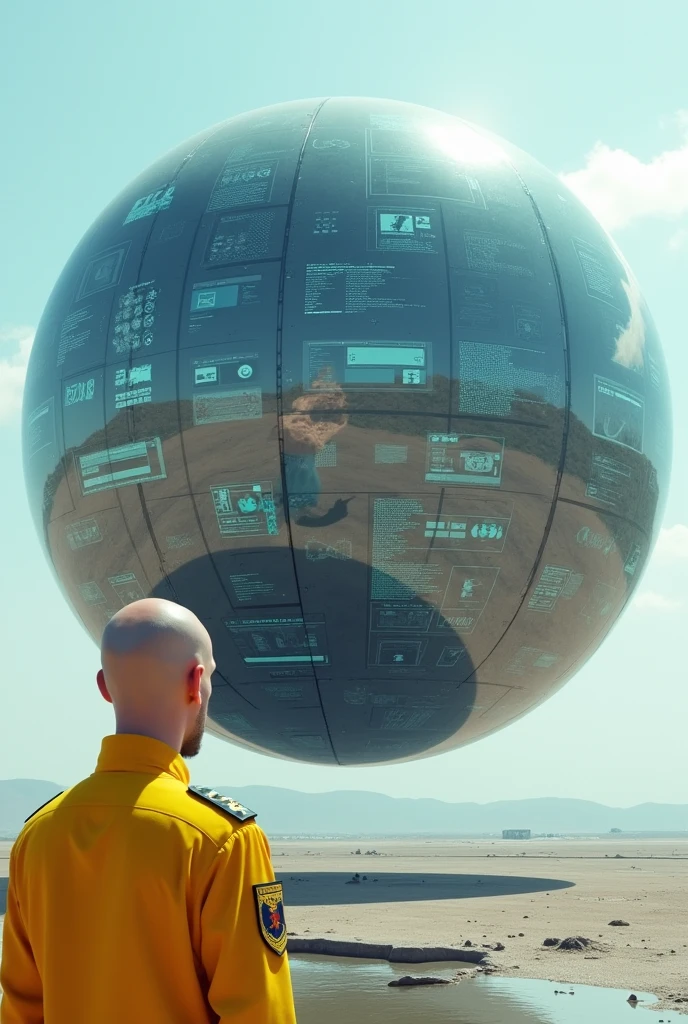 floating transparent sphere full of technological screens each with different images and social networks , and a bald man dressed in modern military yellow jumpsuit with coat of arms on the shoulder sleeve, from the side and outside of this sphere looking at it in an open setting