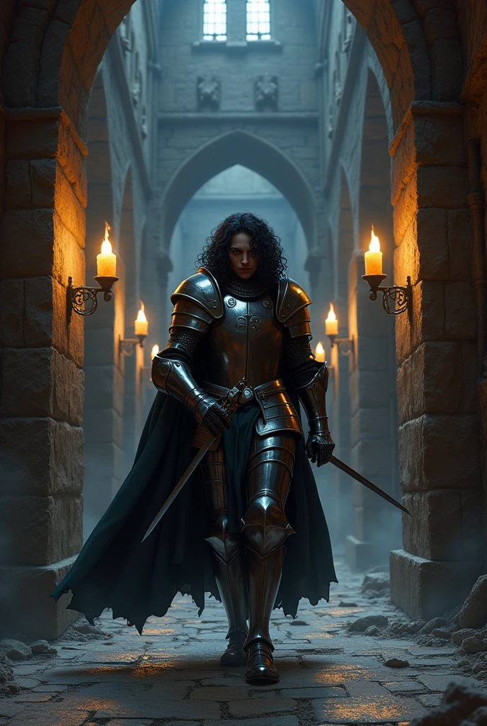 A knight with black curly hair sneaking through the back doors of a castle