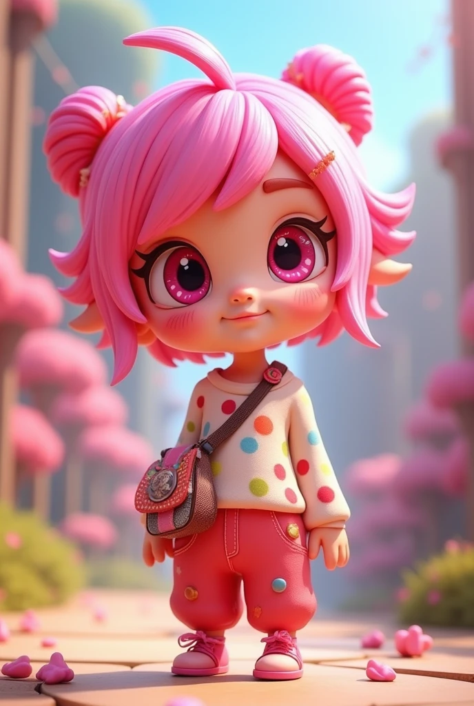 game character, 3D, girl, short height, cute face, pink eyes, pink hair, melbang pants