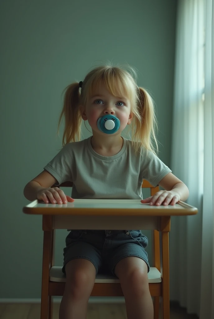 A scared   woman sitting in a baby's higair. She has a pacifier in her mouth. Blonde pigtails