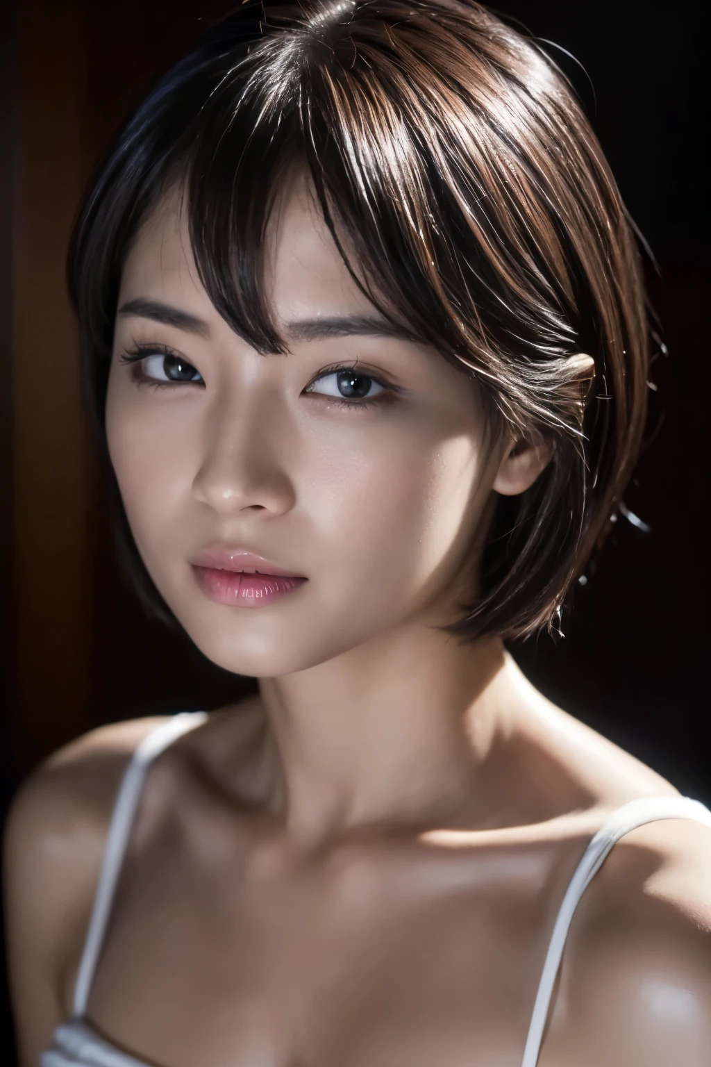 (masterpiece:1.2), super detailed, ultra high resolution, (realistic, photo realistic:1.37), High-definition RAW color photos, professional photos, dramatic lighting, sharp focus:1.2, (Highly detailed face and skin texture, very fine eyes, shiny skin, glowing skin, glowing skin, shining face, luster, oily skin, oily face, oily skin, oily face, Strong gloss), perfect anatomy, highly detailed background, 1 female, 30 year old woman, Japanese woman, (scrawny:weight2.0), (flat chest:1.3),poster, volume lighting, in the dark, deep shadow, discreet key,close up, (((narrow your eyes:1.3、ahegao:1.2, parted lips))), (official attire:1.4), sexy、nsfw, straight bob hair、beautiful hair、brown hair、fascinating face