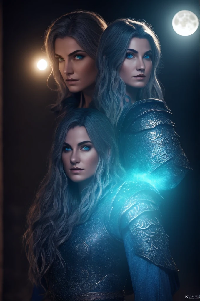 natta, fullmoon, blue rimlight lighting on the character's shoulder, elf woman with braided black hair in light armor, with traces of white clothing underneath, witch's hat, delicate face with strong expression and smile at the corner of the mouth, honey colored eye, making a magic ball and with electricity passing through the arms, in a forest with purple light butterflies flying around you, open angle, grabbing the whole body, concept art style