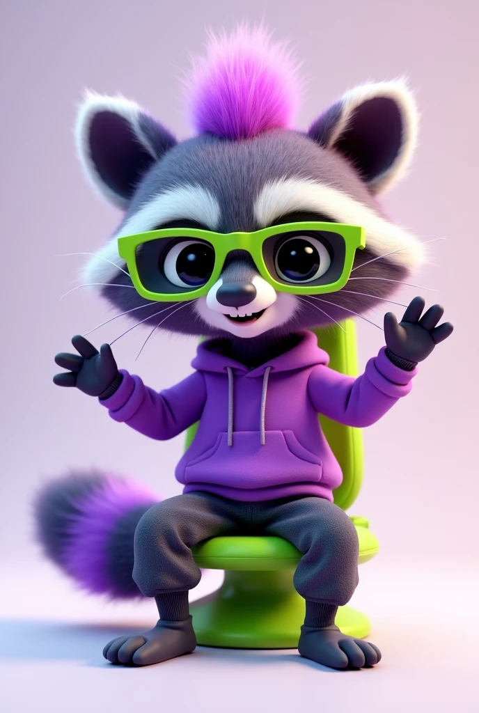Create a young, dynamic 3D raccoon mascot with purple fur. He wears a purple sweatshirt, dark gray baggy pants, and lime green square glasses. Pixar style. Isolated background. 2 different positions. sitting on a lime green gaming chair. excited, he has a purple topknot, using a notebook