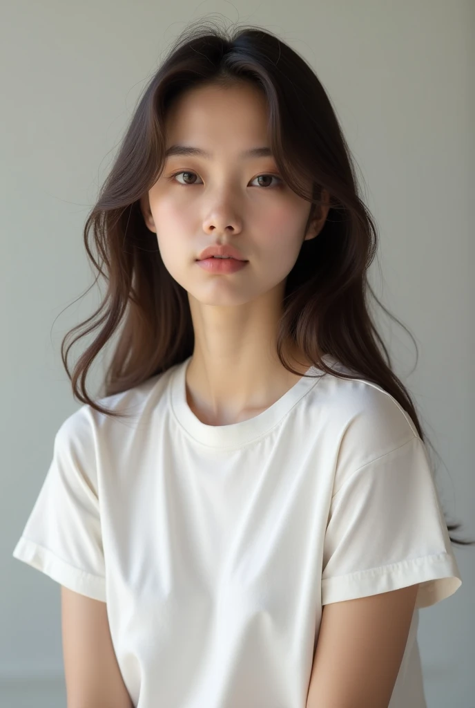 Give me the image of a Girl model which is looks like a real girl , make sure the looks does not show cartoon type look make sure a real girl model pic you made and Make sure she wear A pure white t shirt , Make sure Same model gives 6 poses in the same white t shirt