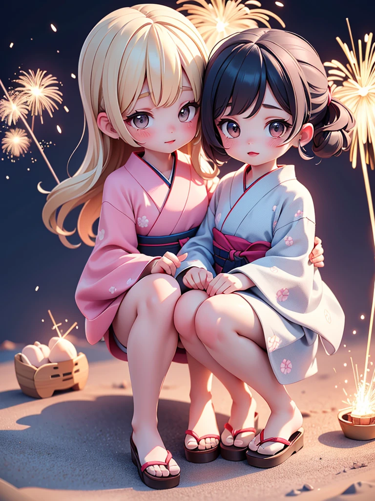 ((petite cute 2girls)), ((cute face)), ((puffy eyes)), ((masterpiece)), ((best quality)), ((ultra detailed)), ((exquisite)), ((depth)), ((crisp)), ((8k)), ((beautiful and aesthetic)), ((super detailed skin)), ((high standard)), ((highres)), (perfect anatomy), (blush), (lipstick), (full body), (nostalgic scenery), (sandy beach, night), (emotional), (yukata), (japanese sparklers), (squat)