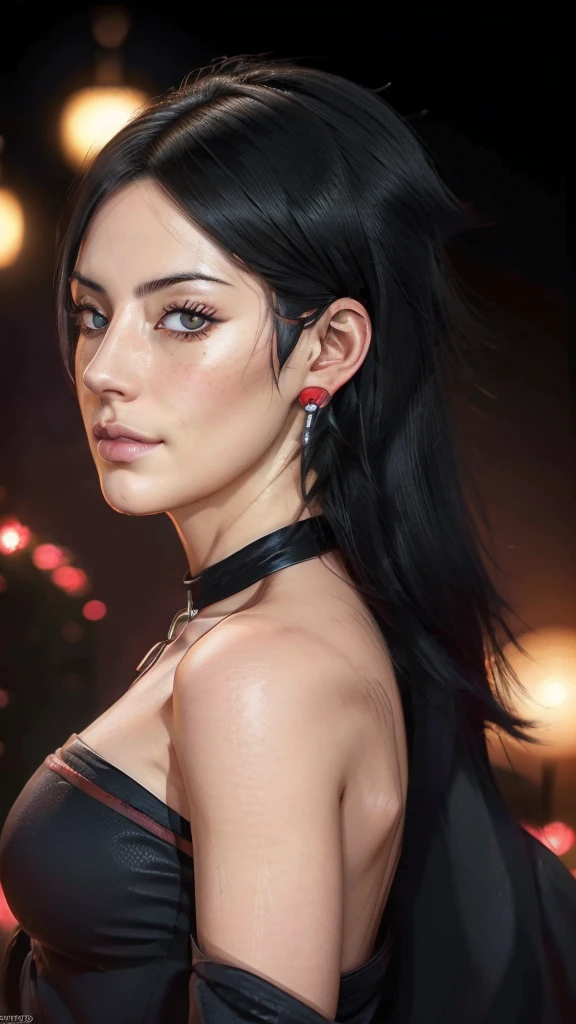 a highly detailed and intricate anime-style portrait of a beautiful young woman with long black hair covering her ears, a refined and powerful appearance, exotic features including freckles, smiling softly, wearing fashionable and stylish clothing, (best quality,4k,8k,highres,masterpiece:1.2),ultra-detailed,(realistic,photorealistic,photo-realistic:1.37),HDR,UHD,studio lighting,ultra-fine painting,sharp focus,physically-based rendering,extreme detail description,professional,vivid colors,bokeh,portraits,anime