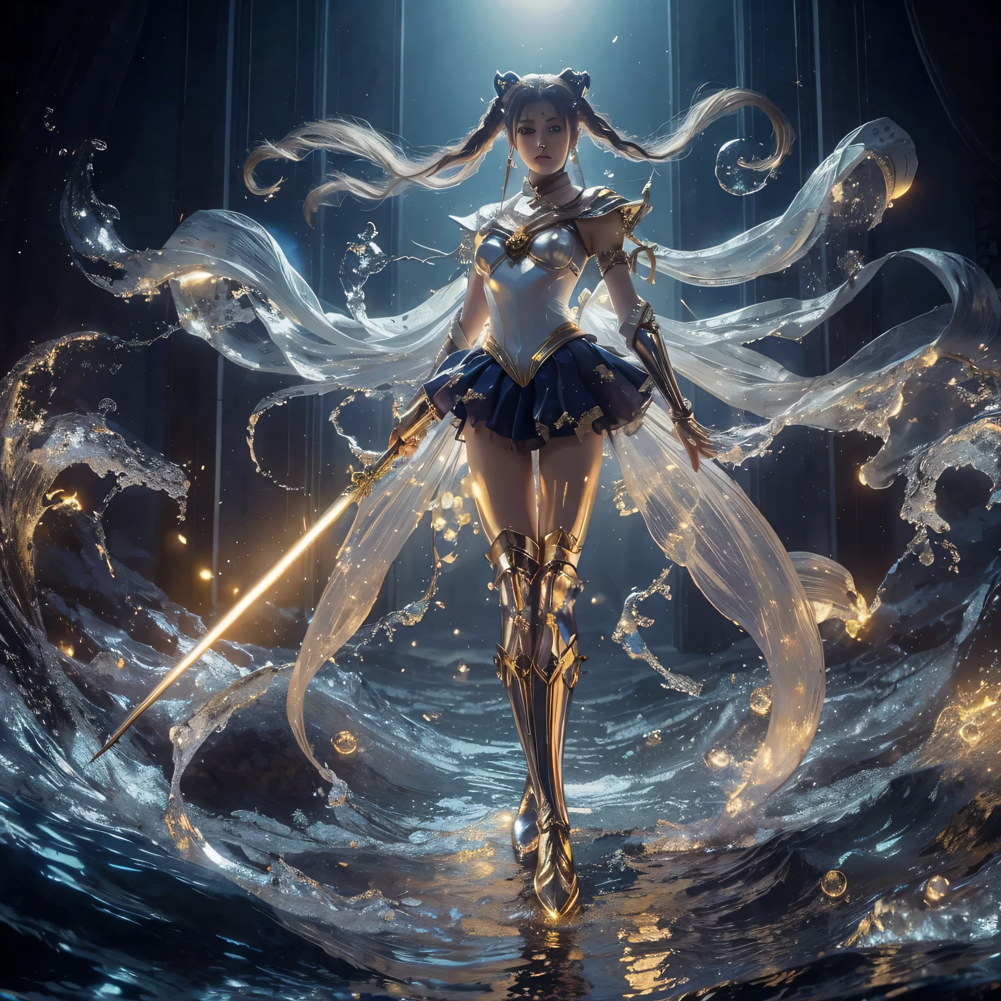 dark fantasy,full body of a women as warrior SailorMoon warrior plum white skin in gloden armor,capturing SailorMoon movement,she stands gracefully on wave water with weapon,many glowing clear water magic time spinning in midair effect,she is a young Japanese female charming eyes in
sleek dark blue SailorMoon outfit,boots,clear water flowing in the wind,in luxury palace,full moon