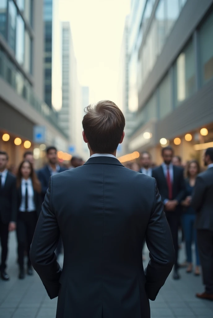 Businessman leader leading a large group of people, view taken from top of building