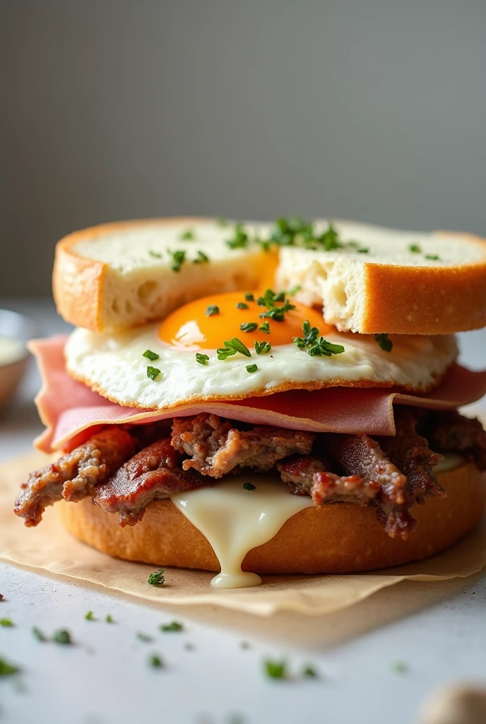 Shredded rib Potato bread White sauce Cheese Ham Oregano Egg Sandwich with these ingredients