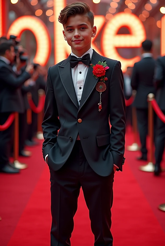 boy ai outfit for gala night, red carpet background with a name JOKER at the back