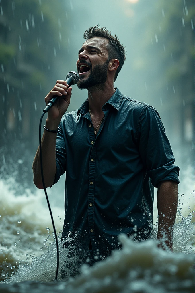 A man singing in flood with mike