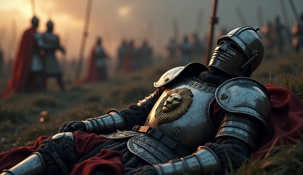 "A highly realistic, high-contrast, 8K HD, detailed, hyper-detailed image of the Lion-emblazoned General lying dead on the battlefield. The scene focuses on the General wearing his full steel armor with a prominent lion emblem on his chest and his distinct helmet, fully covering his face. The surroundings reflect the aftermath of an intense battle, with a somber atmosphere. The dramatic lighting highlights the fallen General's armor and the iconic lion emblem, ensuring the scene is both tragic and heroic. The environment captures the chaos and sacrifice of war, with the Lion-emblazoned General as the central figure in this somber moment. Unreal Engine rendering, showcasing the finality of his demise on the battlefield, with the helmet intact, covering his face