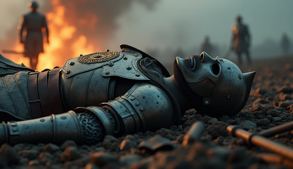 "A highly realistic, high-contrast, 8K HD, detailed, hyper-detailed image of the Lion-emblazoned General lying dead on the battlefield. The scene focuses on the General wearing his full steel armor with a prominent lion emblem on his chest and his distinct helmet, fully covering his face. The surroundings reflect the aftermath of an intense battle, with a somber atmosphere. The dramatic lighting highlights the fallen General's armor and the iconic lion emblem, ensuring the scene is both tragic and heroic. The environment captures the chaos and sacrifice of war, with the Lion-emblazoned General as the central figure in this somber moment. Unreal Engine rendering, showcasing the finality of his demise on the battlefield, with the helmet intact, covering his face 