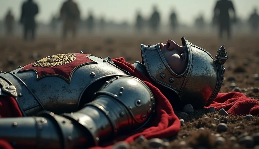 "A highly realistic, high-contrast, 8K HD, detailed, hyper-detailed image of the Lion-emblazoned General lying dead on the battlefield. The scene focuses on the General wearing his full steel armor with a prominent lion emblem on his chest and his distinct helmet, fully covering his face. The surroundings reflect the aftermath of an intense battle, with a somber atmosphere. The dramatic lighting highlights the fallen General's armor and the iconic lion emblem, ensuring the scene is both tragic and heroic. The environment captures the chaos and sacrifice of war, with the Lion-emblazoned General as the central figure in this somber moment. Unreal Engine rendering, showcasing the finality of his demise on the battlefield, with the helmet intact, covering his face